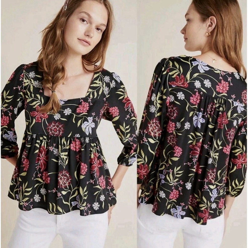 NWT Anthropologie Dolan Left Coast Cherie‎ Black Floral Babydoll Top Size Small